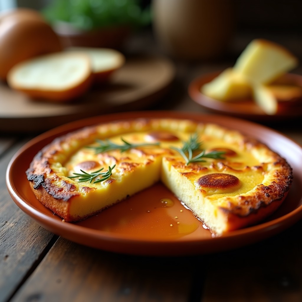 Tortilla española quebrada en plato de barro, con exterior dorado y crujiente, cortada en porciones irregulares, Servida con rebanada de pan rústico al lado.