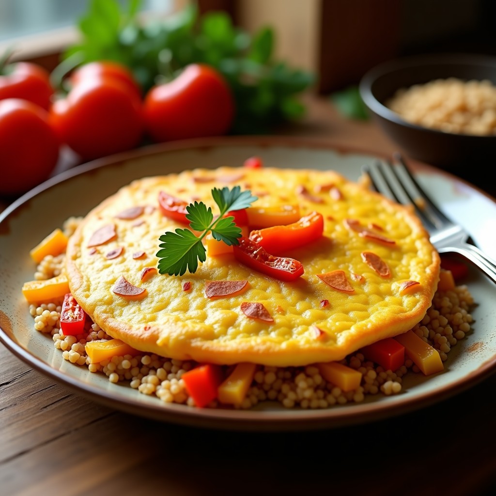 Tortilla española dorada con quinoa y pimientos asados en rodajas, servida en plato de barro con perejil fresco espolvoreado, receta sin gluten y alta en proteína.
