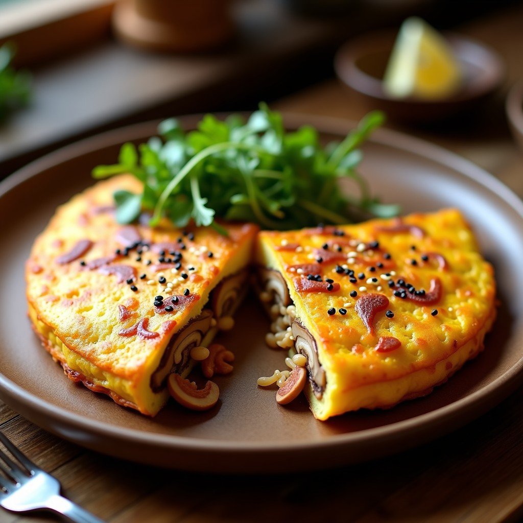 Tortilla española dorada con trozos de fideos ramen, champiñones shiitake y chorizo ibérico, receta fusion alta en proteína y umami.