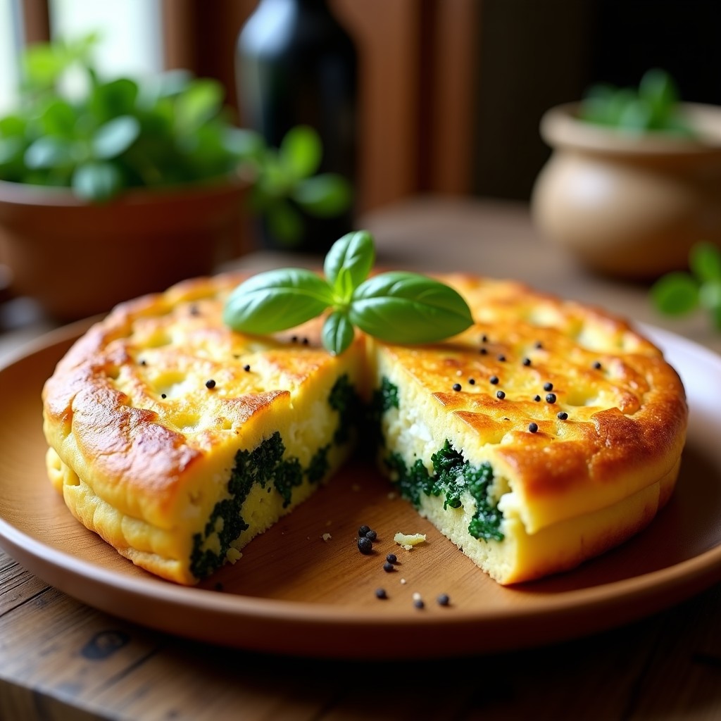 Tortilla española dorada y jugosa cortada en porciones, rellena de espinacas verdes y queso de cabra cremoso, servida en plato de madera rústico.