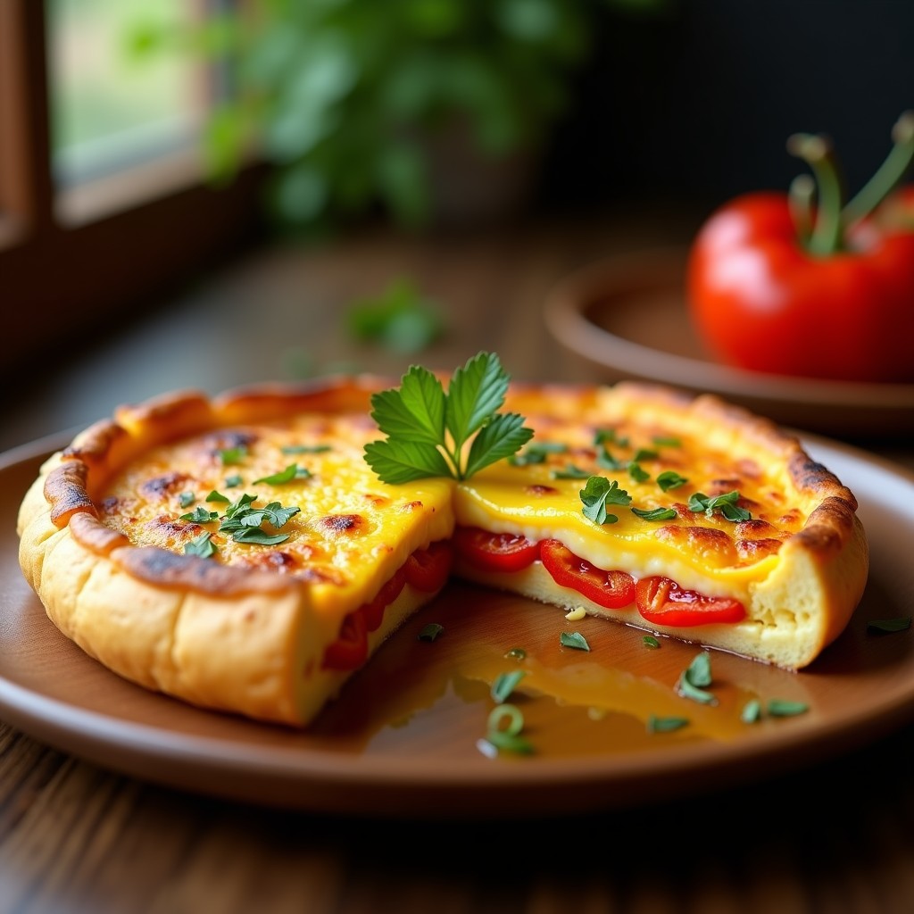 Tortilla española dorada cortada en porciones, mostrando su interior jugoso relleno de tiras de pimientos ahumados rojos, servida en plato de madera rústico.