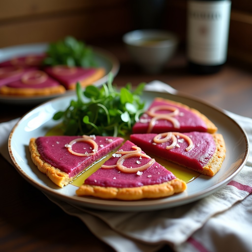 Tortilla española vegana de remolacha cortada en porciones, con capas visiblemente esponjosas y un color rosado intenso, servida en plato de barro con ensalada verde al lado.