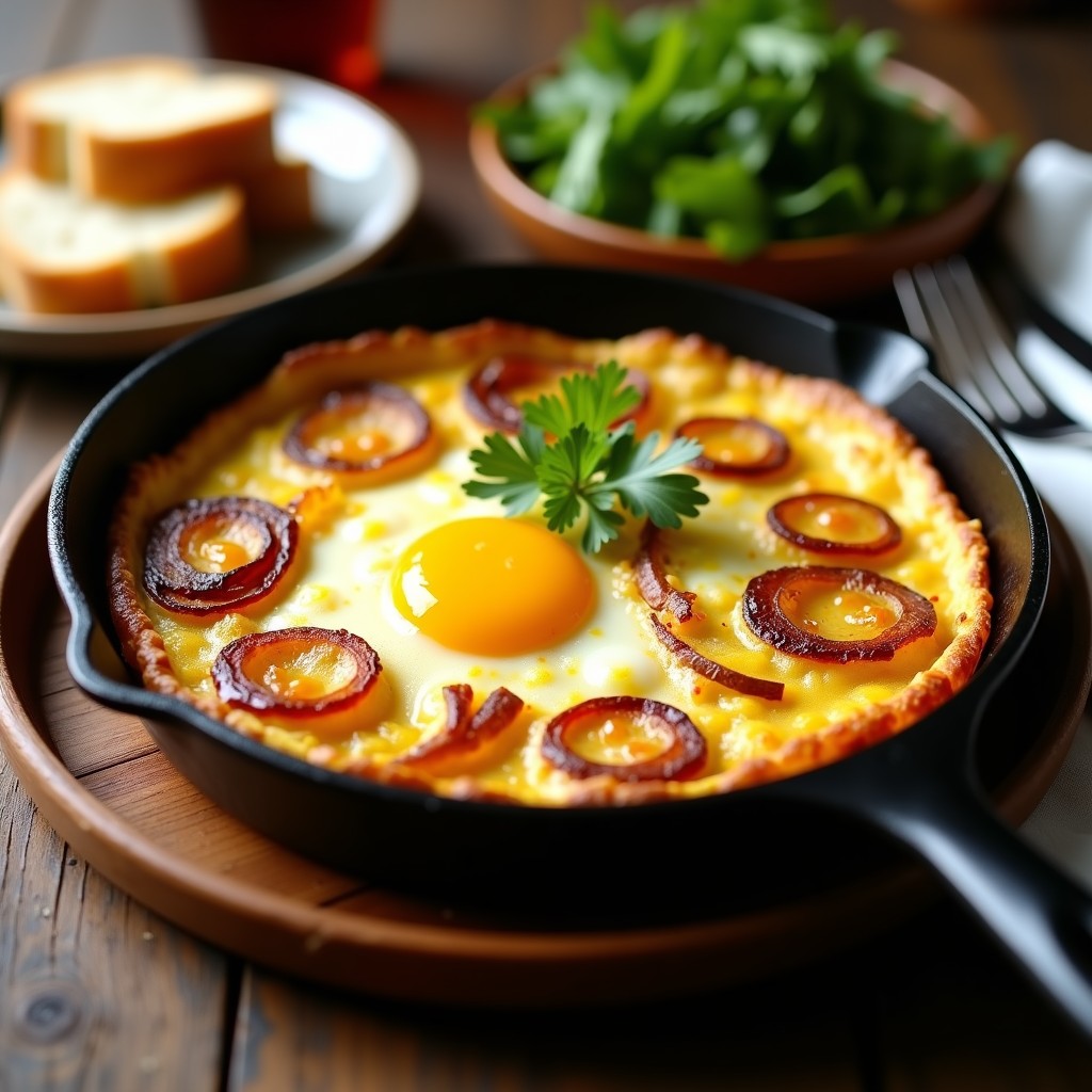Tortilla de patatas española tradicional en sartén de hierro, dorada por fuera y jugosa por dentro, con rodajas de patata visibles, acompañada de pan rústico y una ensalada verde.