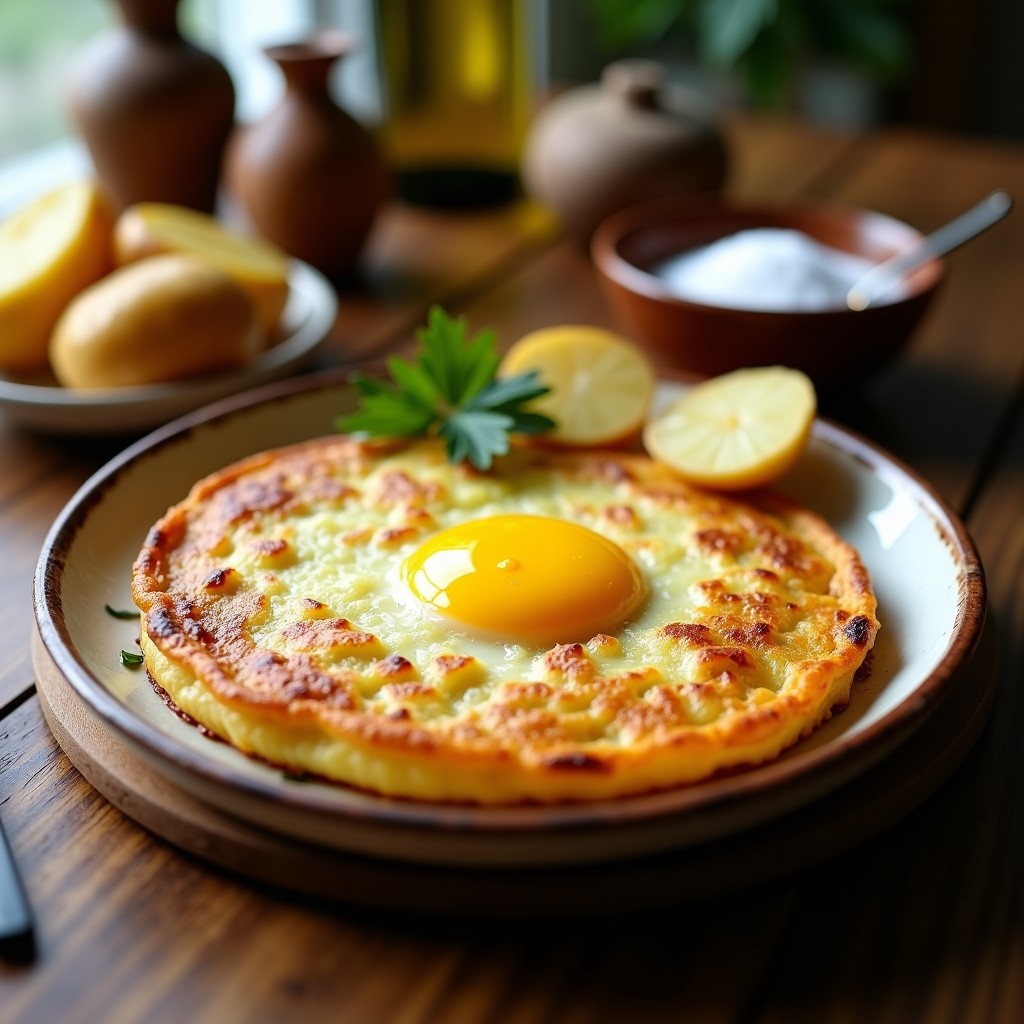 Tortilla española dorada con capas perfectas de patata y cebolla, yema cremosa y bordes ligeramente crujientes, servida en plato rústico de barro.