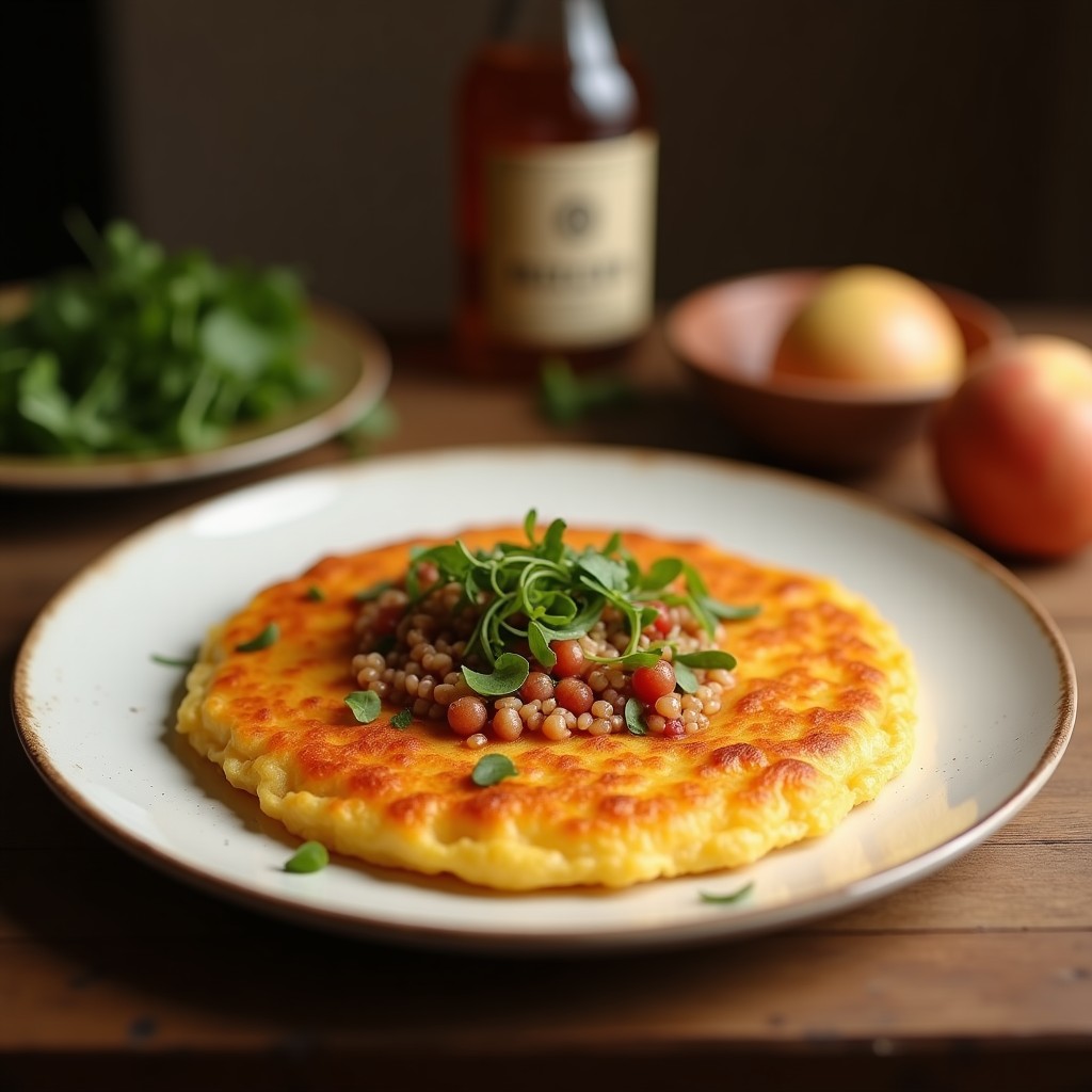 Tortilla española dorada con dos texturas, crujiente por fuera y melosa por dentro, coronada con láminas de trufa negra sobre un plato de barro rústico.