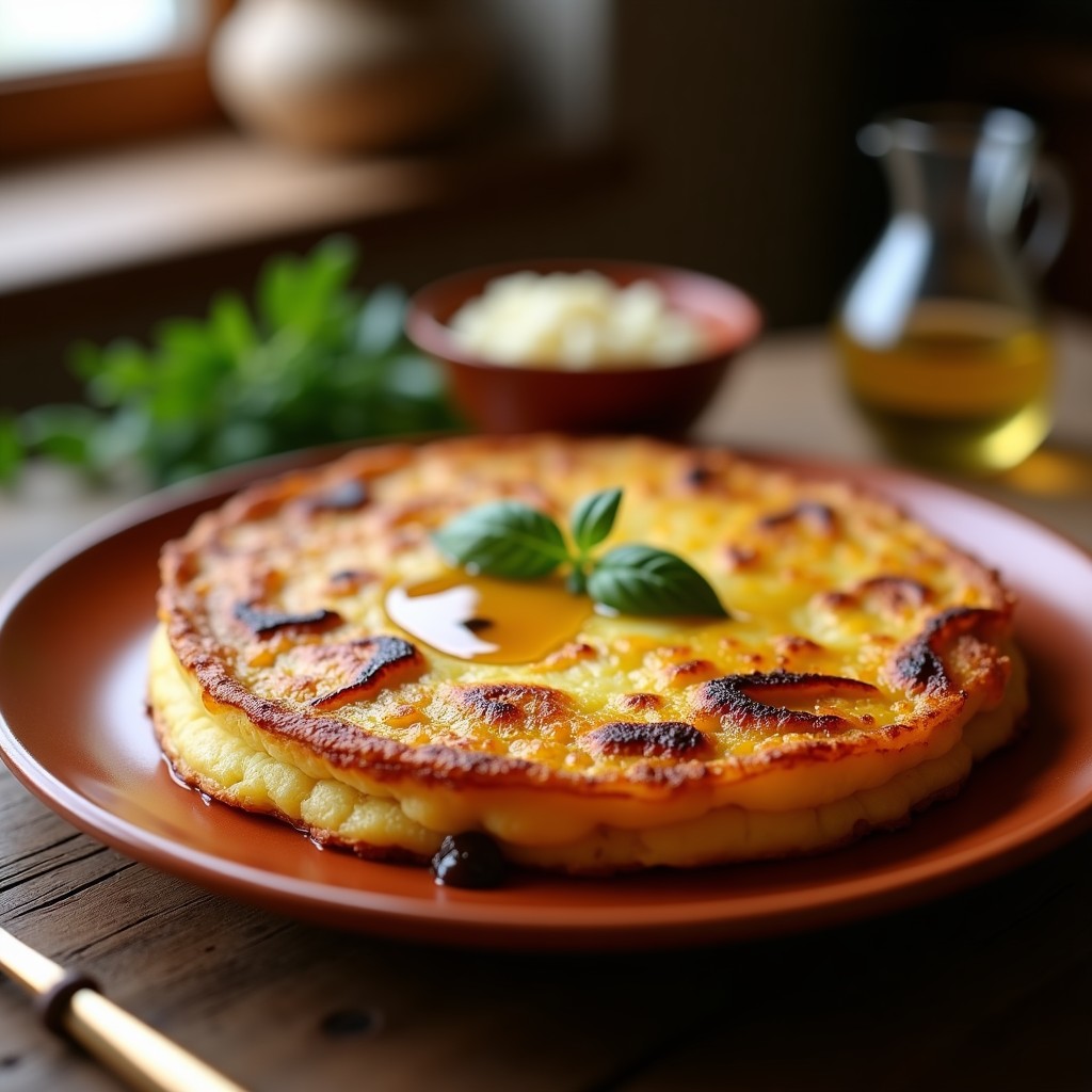Tortilla española dorada y esponjosa en molde de airfryer, con vetas de cebolla morada y aroma a trufa negra, servida en plato de barro rústico.
