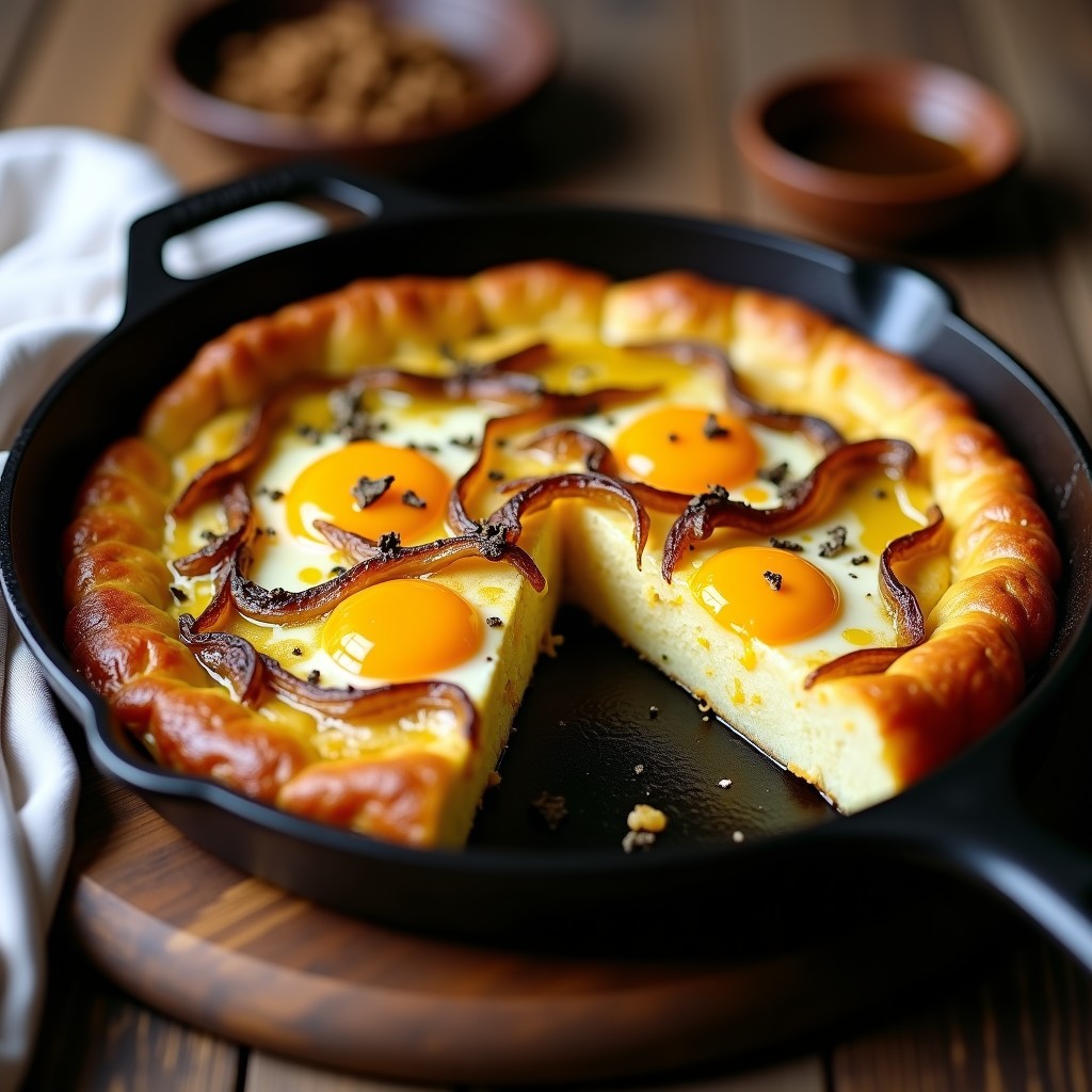 Tortilla española trufada en molde de horno, dorada y crujiente por fuera con yema cremosa en el centro, decorada con virutas de trufa y un hilo de aceite de trufa negra.
