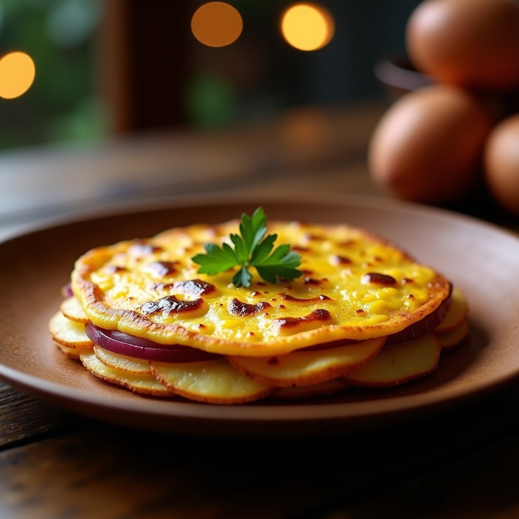 Tortilla española dorada y jugosa con rodajas de patata y cebolla, rociada con aceite de trufa negra, servida en plato de madera con fondo rústico.