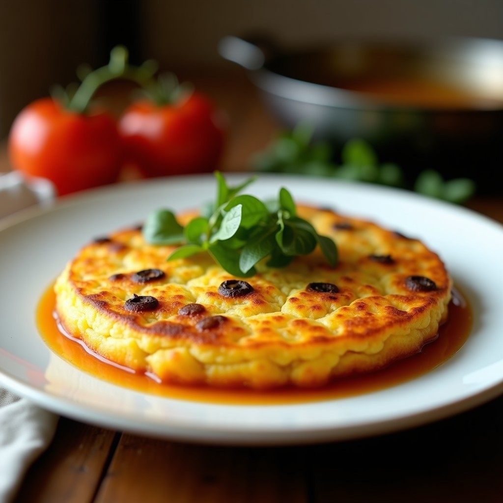 Tortilla española dorada y jugosa con trocitos de trufa negra en la superficie, cortada en porciones sobre un plato de madera rústica, acompañada de una ramita de romero fresco y un hilo de aceite de oliva virgen extra.