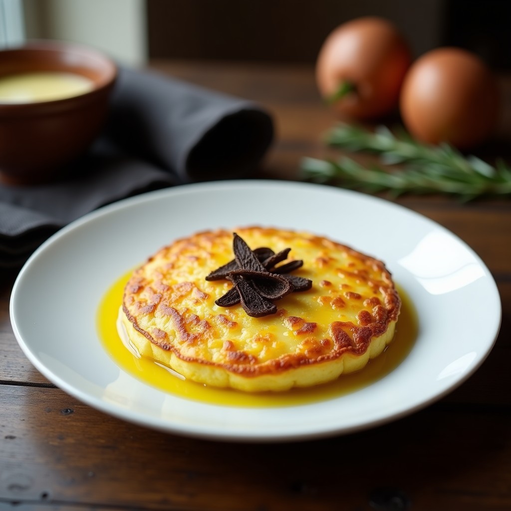 Tortilla española trufada en plato de cerámica blanca, con textura cremosa por dentro y dorada por fuera, acompañada de un hilo de aceite de trufa negra y virutas de trufa.