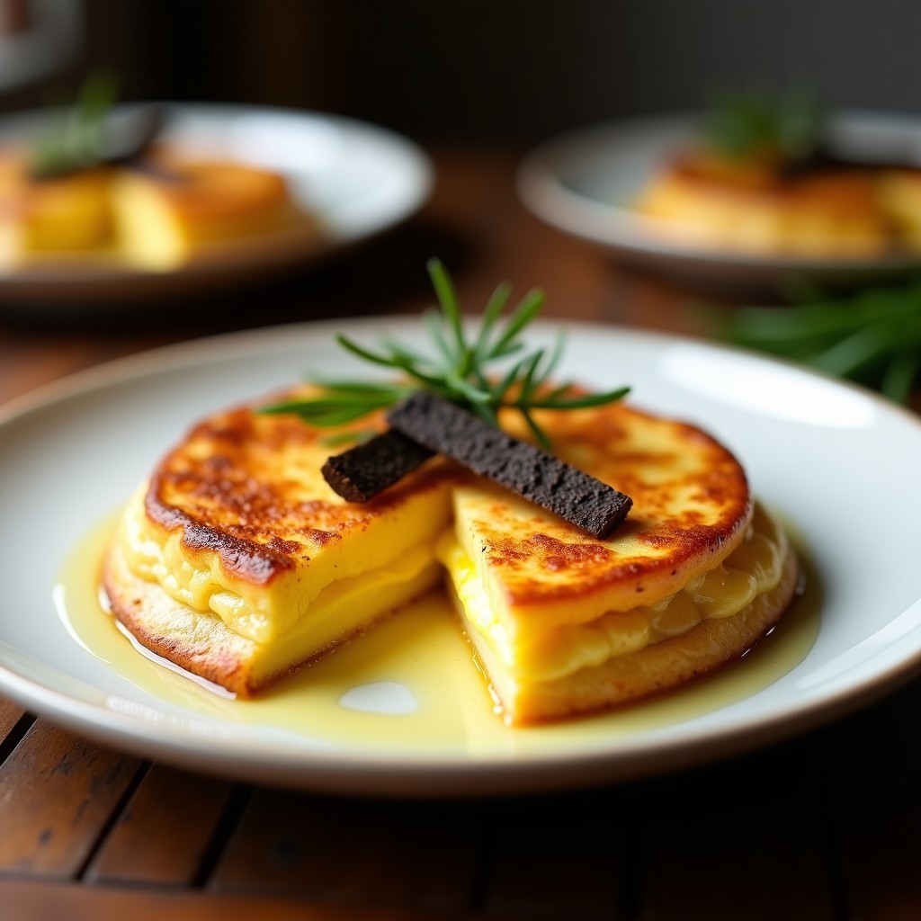 Tortilla española trufada en Thermomix, con yema cremosa y dorada, servida en plato blanco con laminas de trufa negra y hierbas frescas.