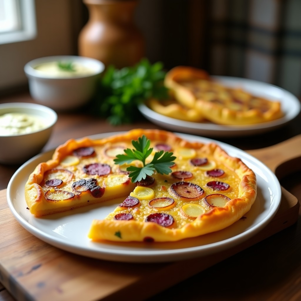 Tortilla española vegana dorada y crujiente en molde de airfryer, con trozos de patata y cebolla visibles, decorada con perejil fresco.