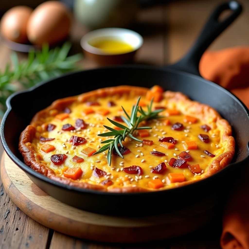 Tortilla española vegana dorada en sartén de hierro, rellena de batata ahumada y cebolla, espolvoreada con semillas de sésamo, receta tradicional sin huevo.
