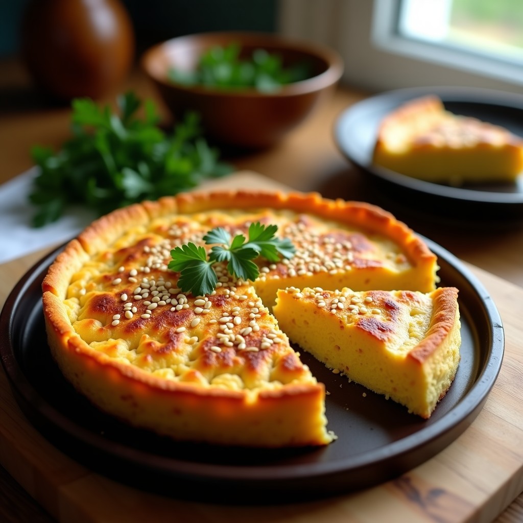 Tortilla española vegana de coliflor dorada en molde redondo, con semillas de sésamo y perejil fresco, servida en plato de madera rústico.