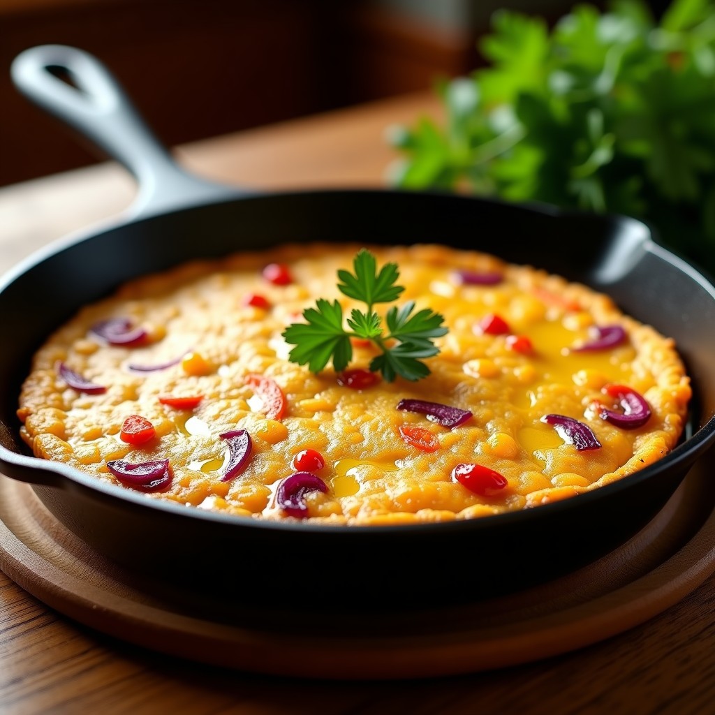 Tortilla española vegana dorada en sartén de hierro, con trozos de cebolla morada y pimiento rojo asomando, textura esponjosa y bordes crujientes.