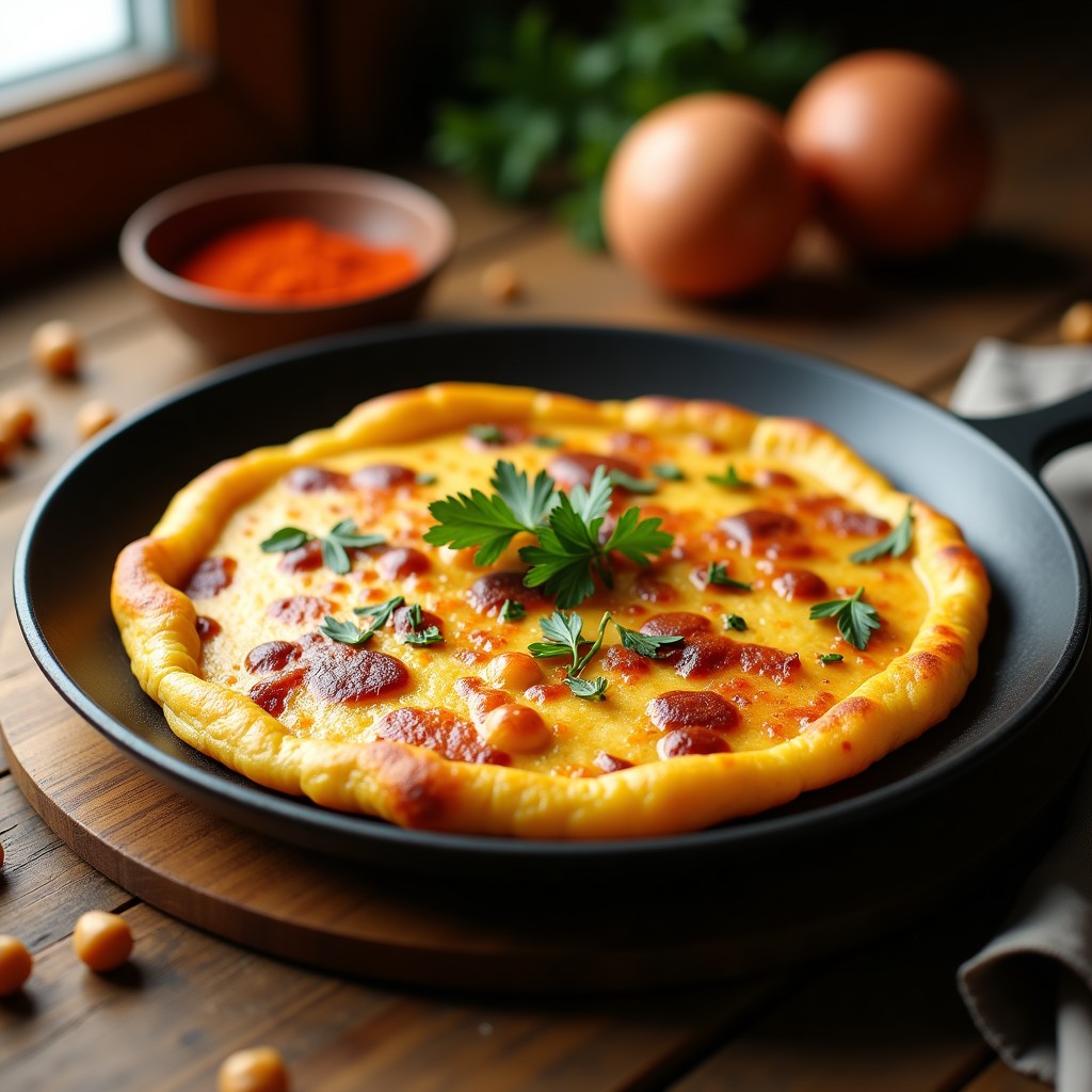 Tortilla española vegana de garbanzos dorada en sartén antiadherente, con trozos de cebolla caramelizada y perejil fresco por encima. Receta sin huevo y alta en proteína.
