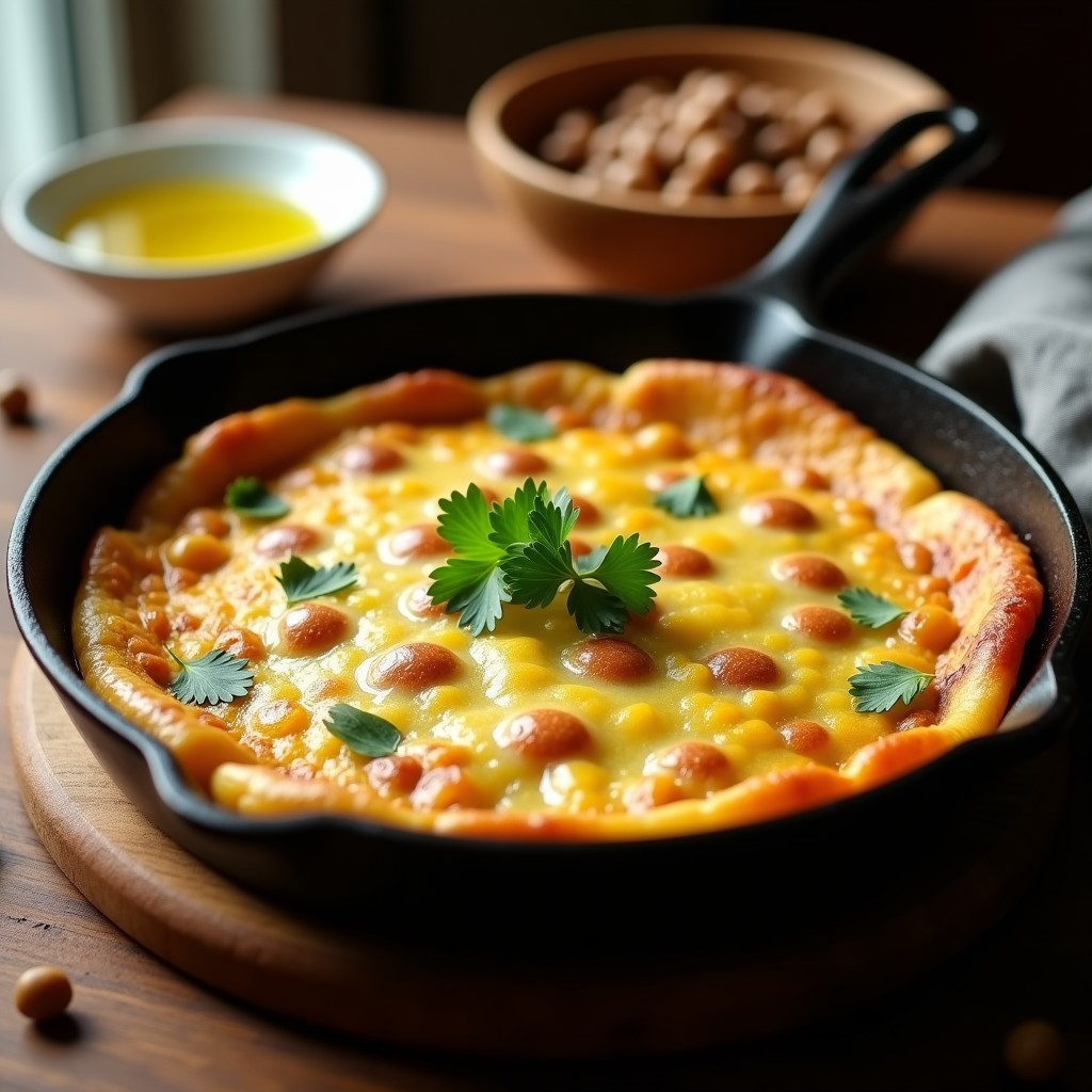 Tortilla española vegana dorada en sartén de hierro, con textura esponjosa y trozos de patata y garbanzo visibles, acompañada de perejil fresco.