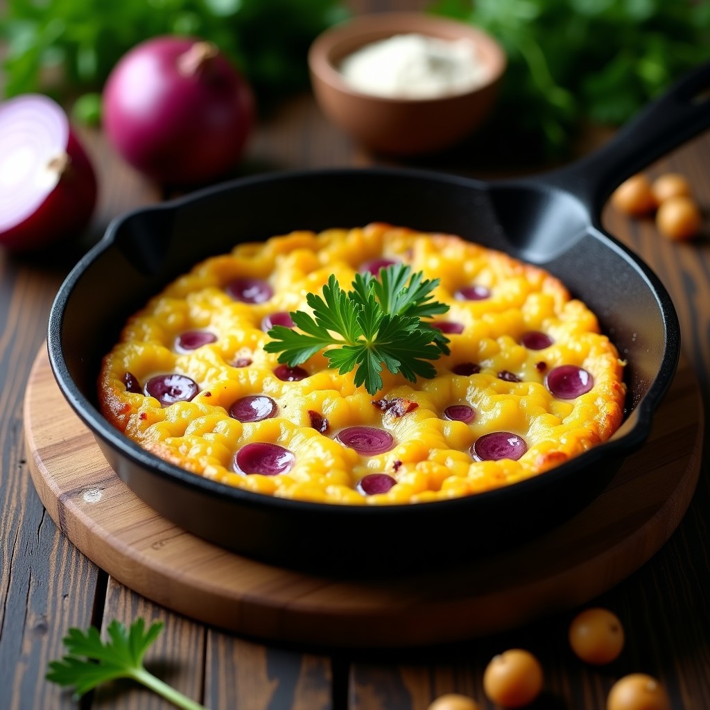 Tortilla española vegana dorada en sartén de hierro, con textura esponjosa y trozos de patata y cebolla morada visibles, acompañada de perejil fresco.
