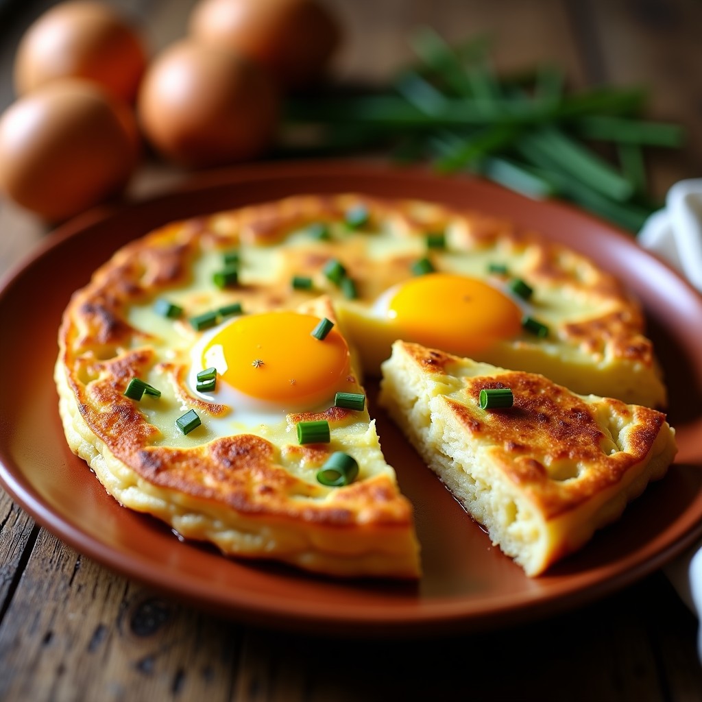 Tortilla española dorada en airfryer cortada en cuñas con capas visibles de patata lámina y cebolla morada, servida en plato rústico de barro.
