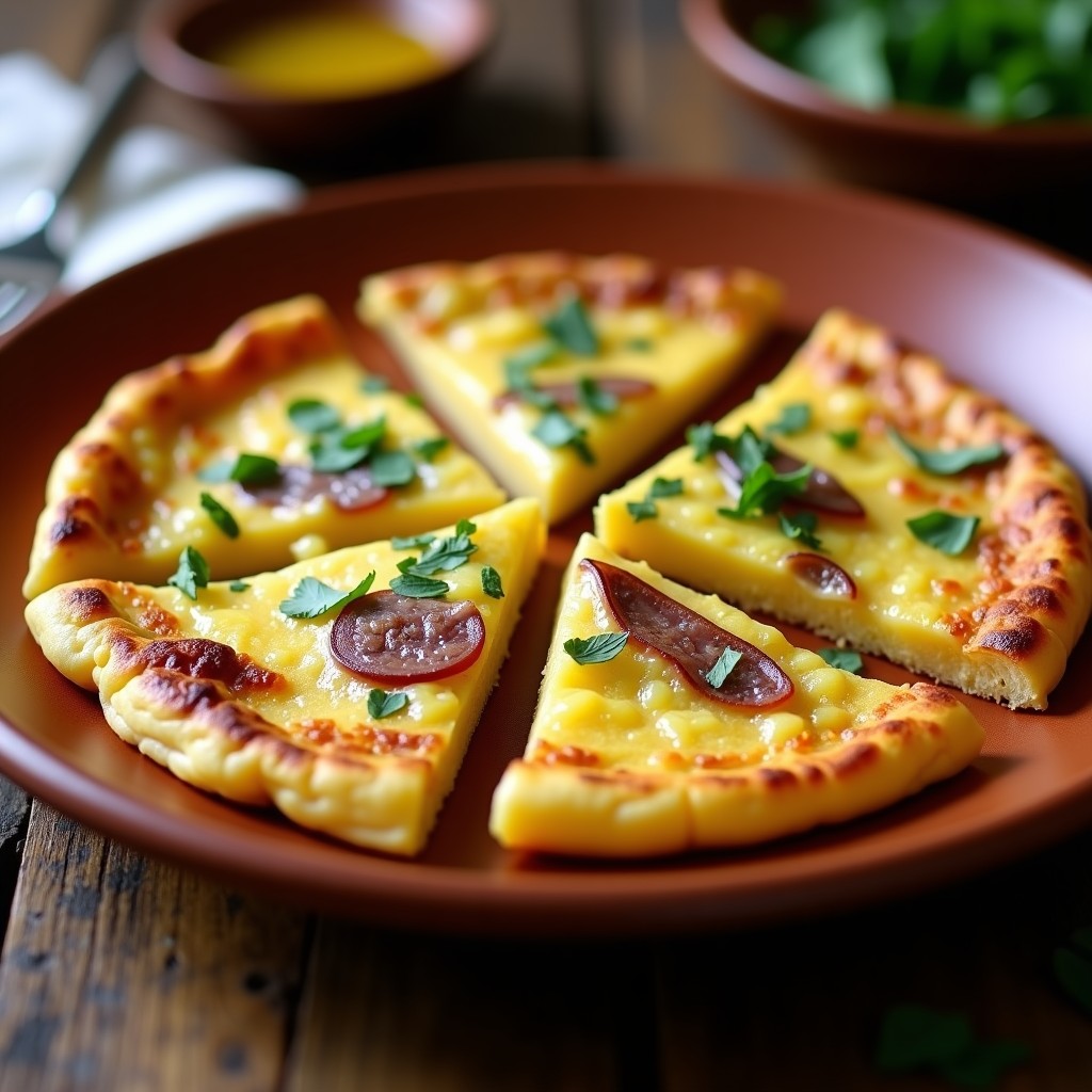 Tortilla española dorada y crujiente con trozos de yuca y cebolla morada, servida en plato de barro con perejil fresco espolvoreado.
