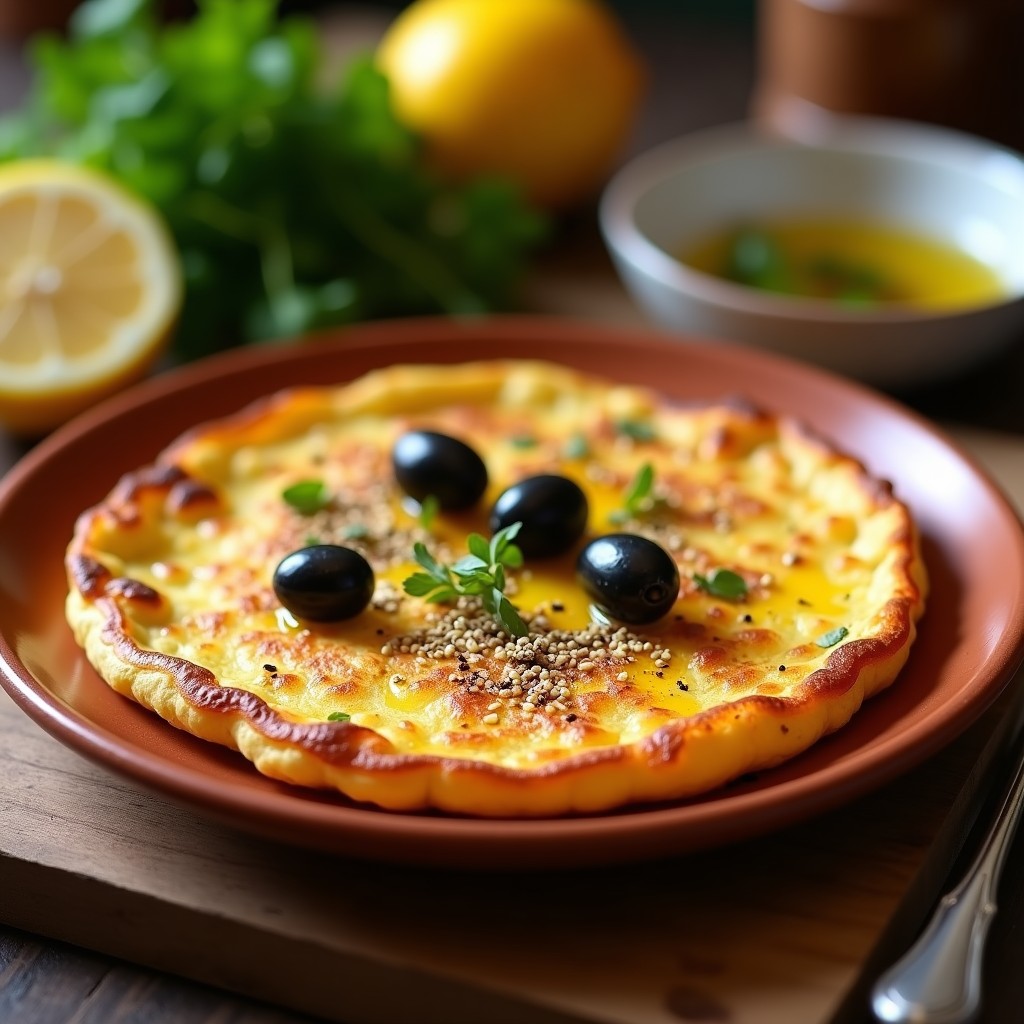 Tortilla española dorada y crujiente con especias zaatar y comino, servida en plato rústico de barro con rodaja de limón y aceitunas.