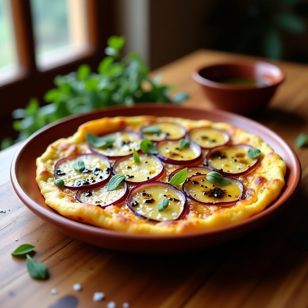 Tortilla española dorada con rodajas de patata y cebolla morada, espolvoreada con zaatar y bañada con aceite de trufa negra, servida en plato rústico de barro.