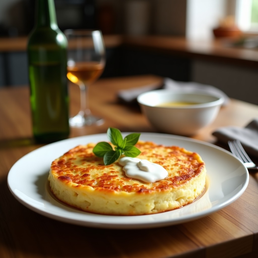 Tortilla española keto dorada con espárragos blancos y hebras de azafrán, decorada con queso manchego rallado y almendras fileteadas, servida en plato de cerámica rústica.