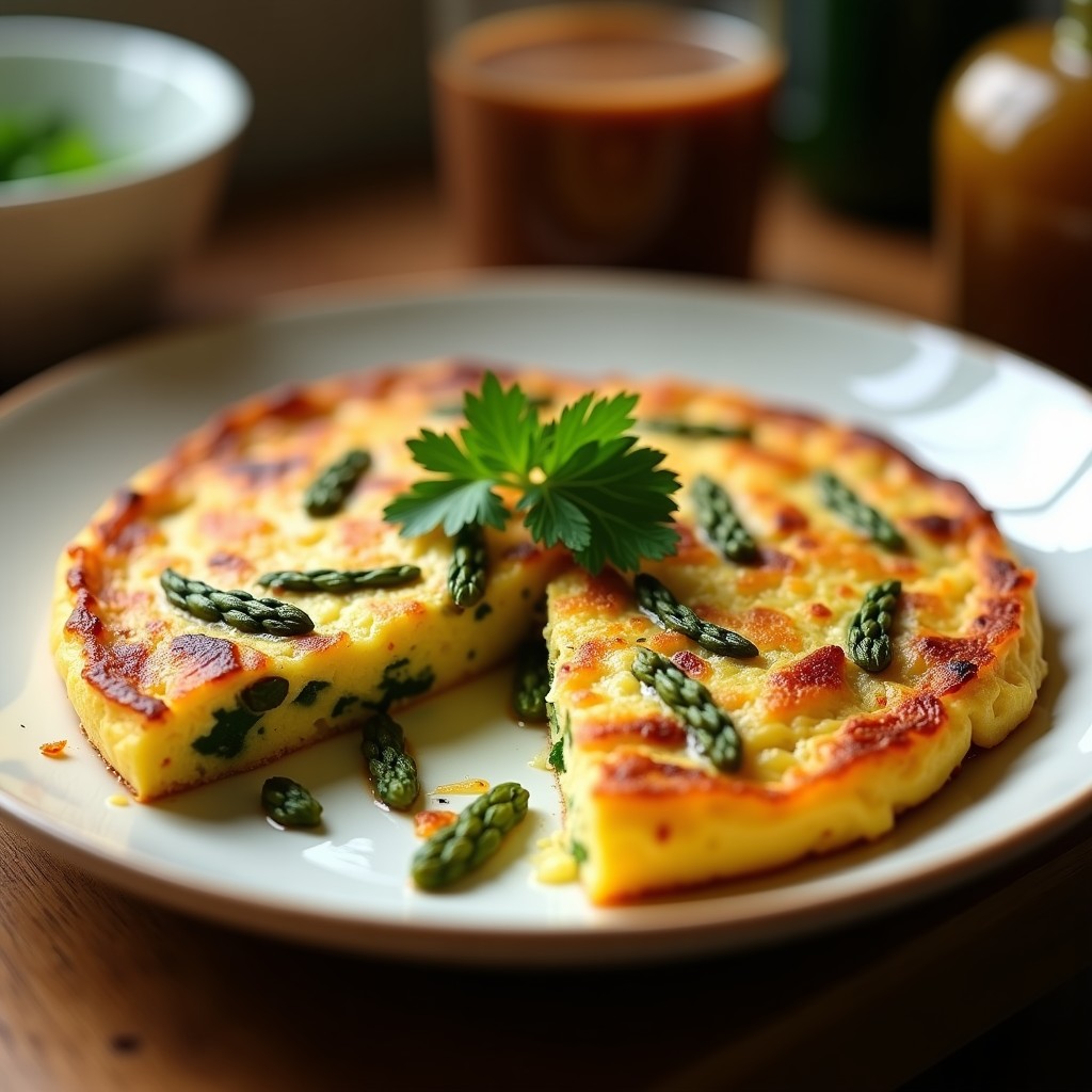 Tortilla esponjosa dorada en airfryer con trozos de espárragos trigueros y panceta ahumada, receta rápida y alta en proteínas.