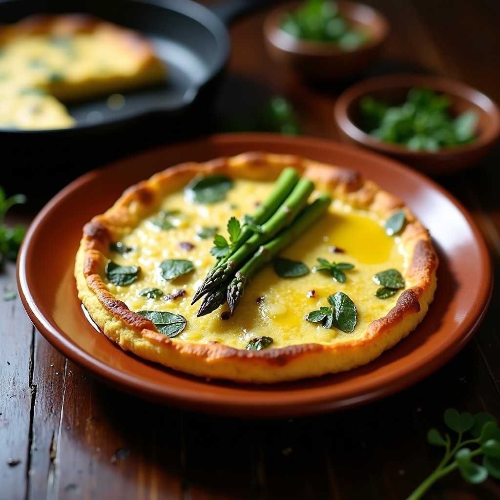 Tortilla dorada y esponjosa de espárragos trigueros y queso de oveja rallado, cocinada en olla de hierro, con puntas de espárrago asomando y un hilo de aceite de oliva brillante, servida en plato de barro rústico.