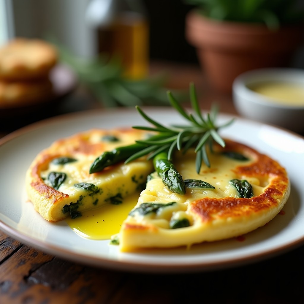 Tortilla española keto dorada con trozos de espárragos trigueros y queso de oveja fundido, servida en plato blanco rústico con rama de romero y chorrito de aceite de oliva.