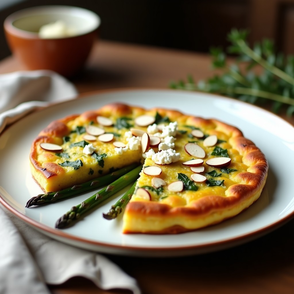 Tortilla dorada y esponjosa de espárragos trigos ahumados, con queso de cabra desmenuzado y almendras laminadas, servida en plato blanco rústico, receta olla lenta.