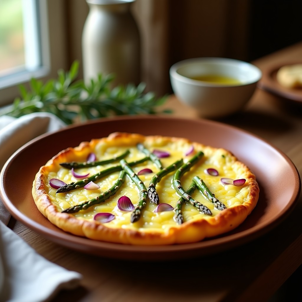 Tortilla dorada y esponjosa con espárragos trigos blancos salteados y cebolla morada, servida en un plato de barro rústico, receta en ollas superpuestas.