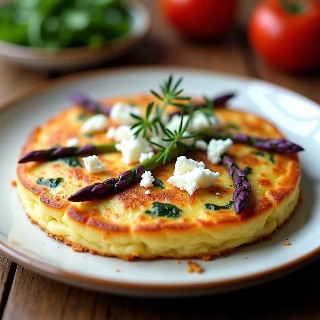Tortilla esponjosa de color dorado con trozos de espárragos trigos morados y queso de cabra desmenuzado, servida en plato blanco rústico, receta Thermomix.