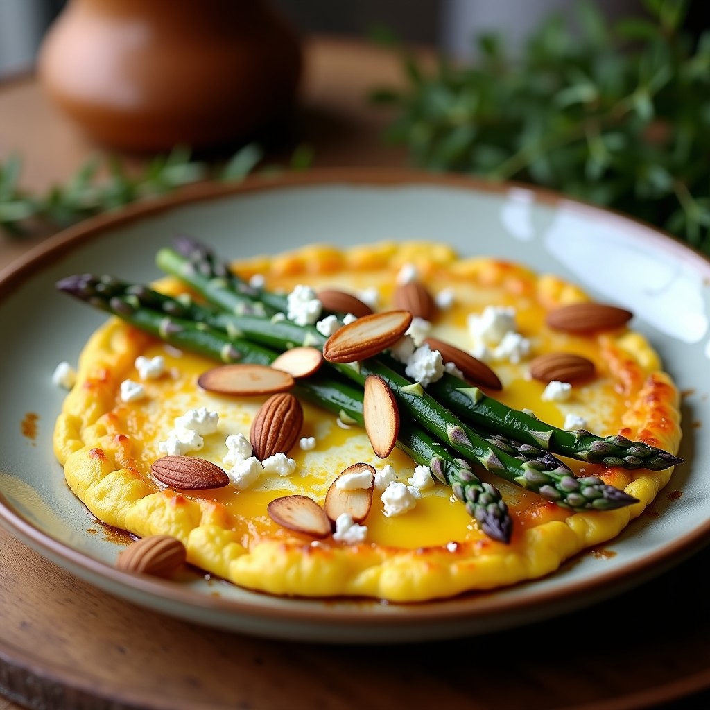 Tortilla dorada y esponjosa con trozos de espárragos trigos negros salvajes, queso de cabra desmenuzado y almendras fileteadas tostadas, servida en plato de cerámica rústica.