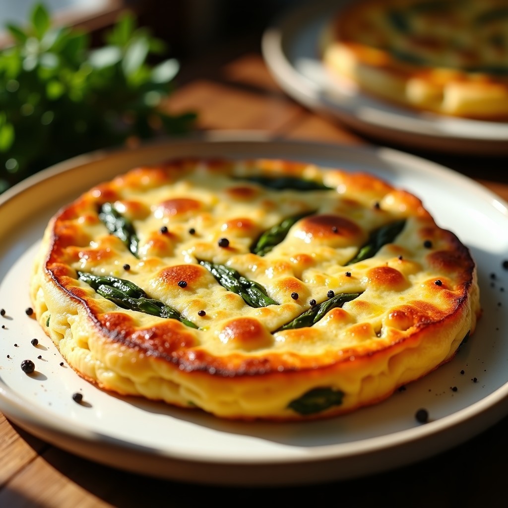 Tortilla de espárragos trigos rojos dorada en airfryer, con trozos visibles de espárragos y queso de cabra desmenuzado, servida en plato blanco rústico.