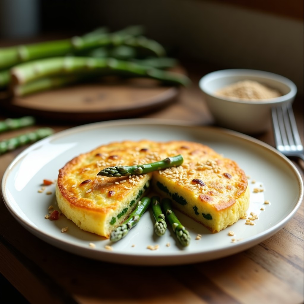 Tortilla vegana dorada y esponjosa con espárragos trigos asomando, espolvoreada con semillas de sésamo, servida en plato blanco con fondo rústico.
