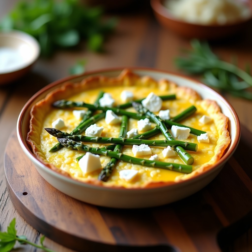 Tortilla esponjosa dorada en molde de airfryer con trozos de espárragos trigos verdes y queso feta desmenuzado, servida sobre tabla de madera rústica.