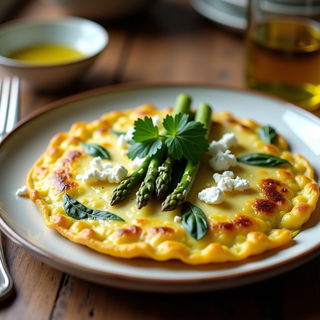 Tortilla española dorada con trozos de espárragos trigos verdes salteados, queso feta desmenuzado y perejil fresco, servida en plato blanco rústico.