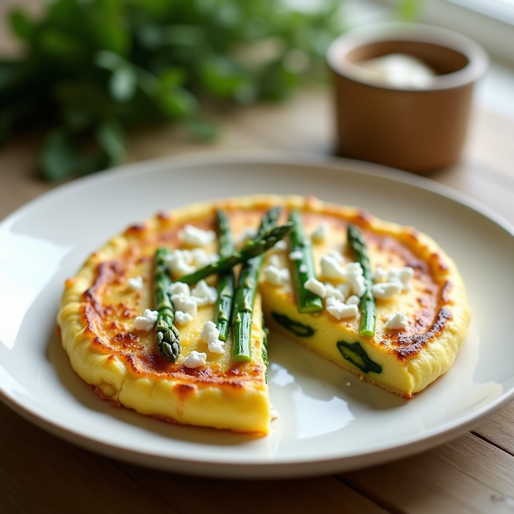 Tortilla dorada de espárragos trigos verdes con trozos de queso de cabra, servida en plato blanco rústico con fondo de madera clara, receta de primavera.