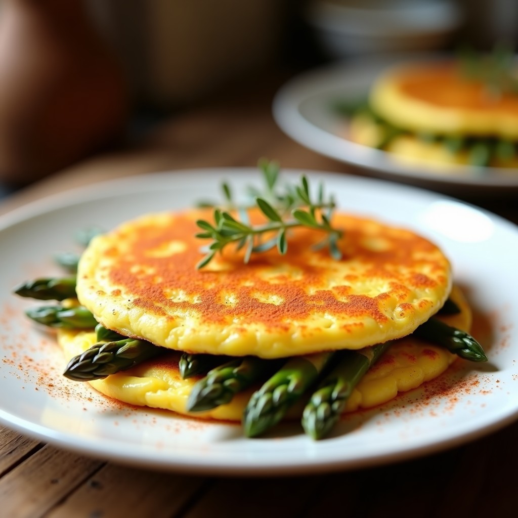Tortilla dorada y esponjosa en un plato blanco, con espárragos trigueros asomando entre los huevos cuajados, espolvoreada con pimentón ahumado y acompañada de una ramita de tomillo fresco. Receta de tortilla de espárragos trigueros ahumada en airfryer.