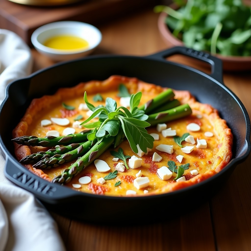 Tortilla dorada en sartén antiadherente con espárragos trigueros ahumados, queso de cabra desmenuzado y virutas de almendra, servida con rúcula fresca.