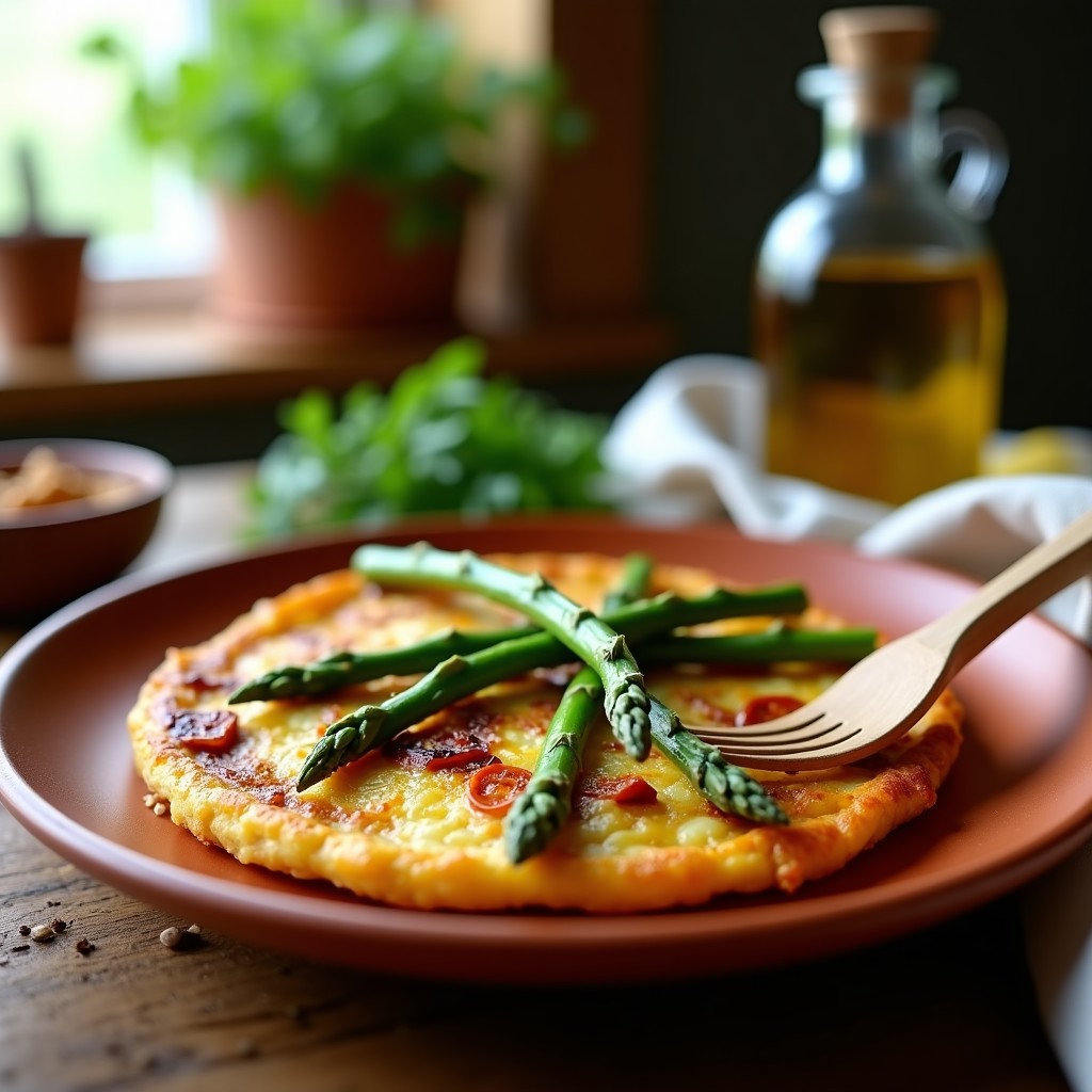 Tortilla española dorada con espárragos trigueros salteados y ajado de ajo, servida en plato de barro con huevo jugoso al corte.