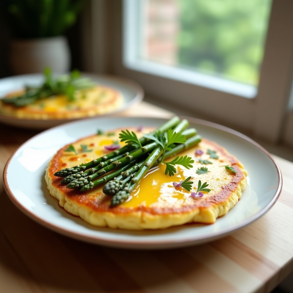 Tortilla esponjosa de color dorado con trozos de espárragos trigueros verdes salteados, decorada con perejil fresco picado, servida en un plato blanco rústico. Receta de tortilla de espárragos trigueros con huevo de camelina alta en omega-3.
