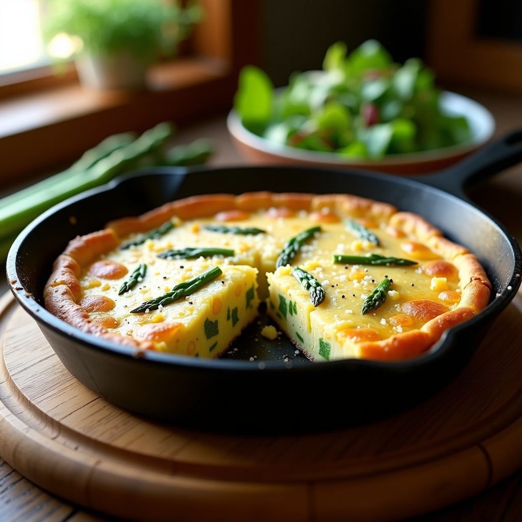 Tortilla dorada de espárragos trigueros y patata en sartén de hierro, con trozos de espárragos verdes asomando, receta de primavera fácil y nutritiva.