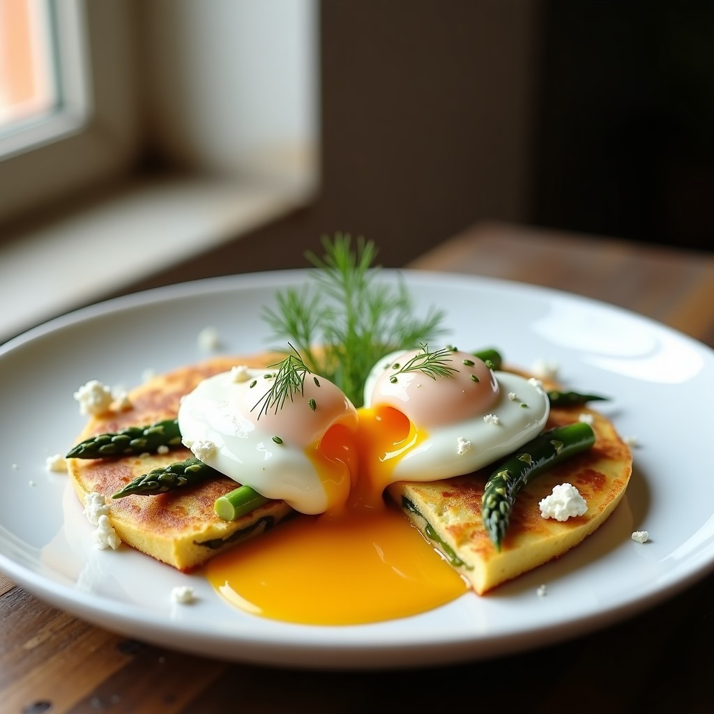 Plato blanco con tortilla dorada de espárragos trigueros salteados, queso feta desmenuzado y dos huevos poché encima, decorada con eneldo fresco. Receta gourmet de tortilla de espárragos con huevo poché.