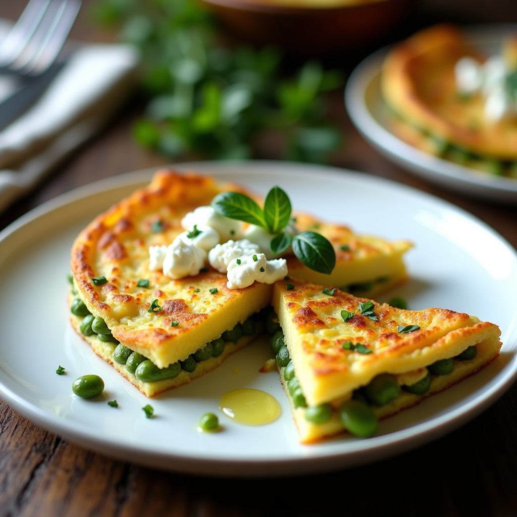 Tortilla dorada y jugosa de espárragos trigueros con huevos orgánicos, queso de cabra desmenuzado y perifollo fresco, servida en plato blanco sobre fondo rústico de madera.