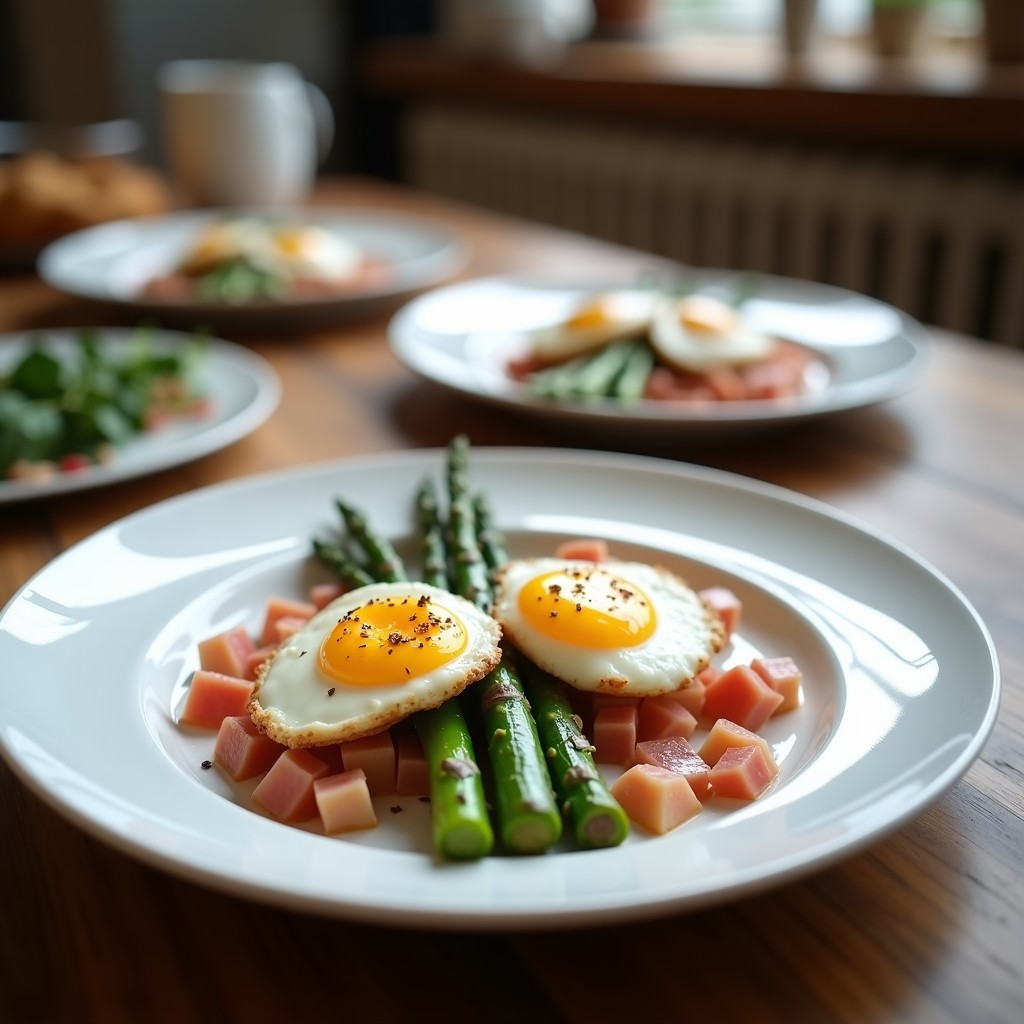 Tortilla dorada y jugosa con trozos de espárragos trigueros verdes y taquitos de jamón ibérico en una sartén de hierro, receta express gourmet.