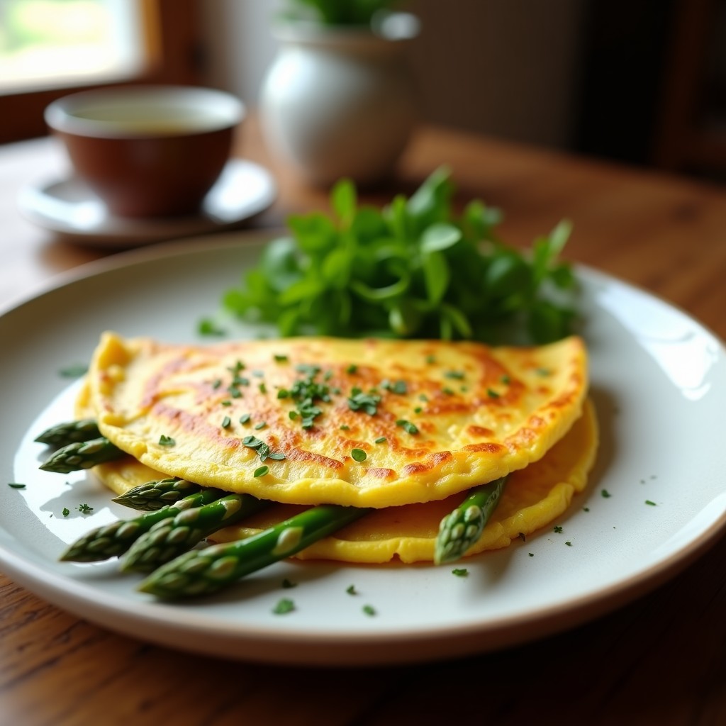 Tortilla dorada y esponjosa con trozos de espárragos trigueros tiernos, servida en plato blanco rústico, receta de olla lenta sin lactosa.