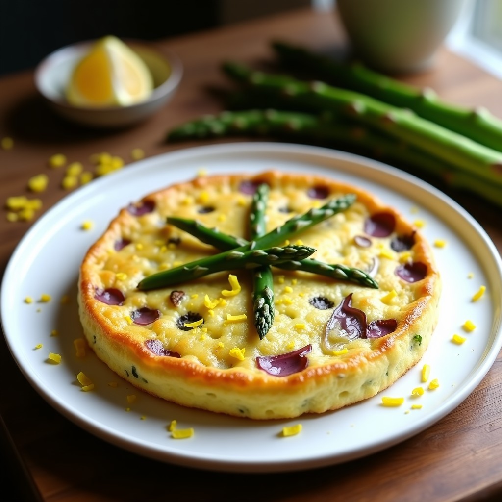 Tortilla dorada y esponjosa con trozos de espárragos trigueros verdes y cebolla morada, servida en plato blanco sobre fondo de madera rústica, receta olla presión.