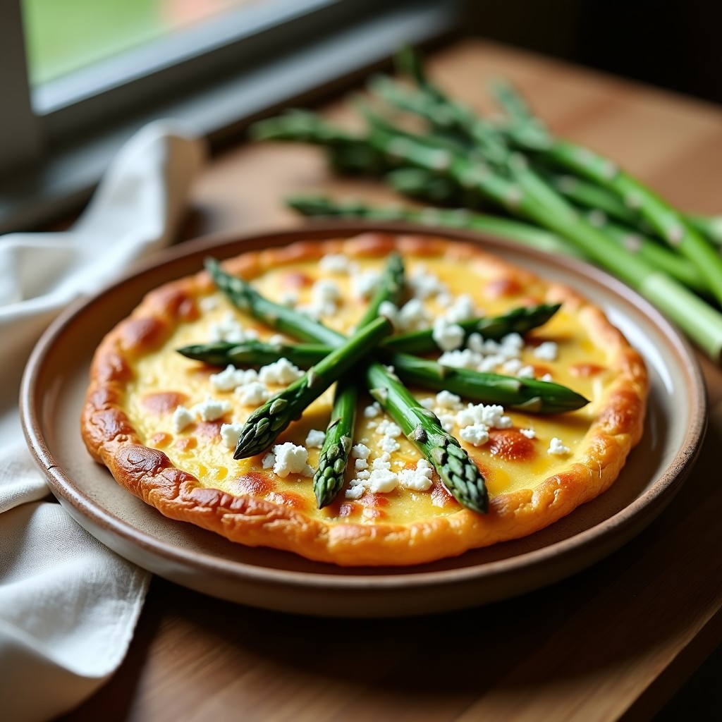 Tortilla dorada y esponjosa de espárragos trigueros en olla superpuesta, con trozos verdes asomando y queso feta desmenuzado, servida en plato de barro.